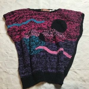 Vintage 80's sleeveless sweater abstract design cotton ramie blend M